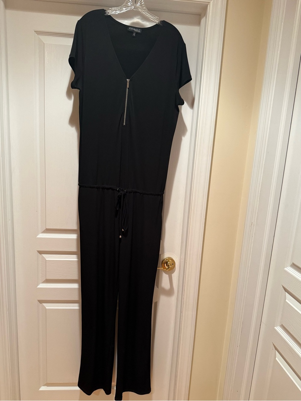 Conrad C Collection Black V- Neck Zip-Front MinimalistJumpsuit short sleeve